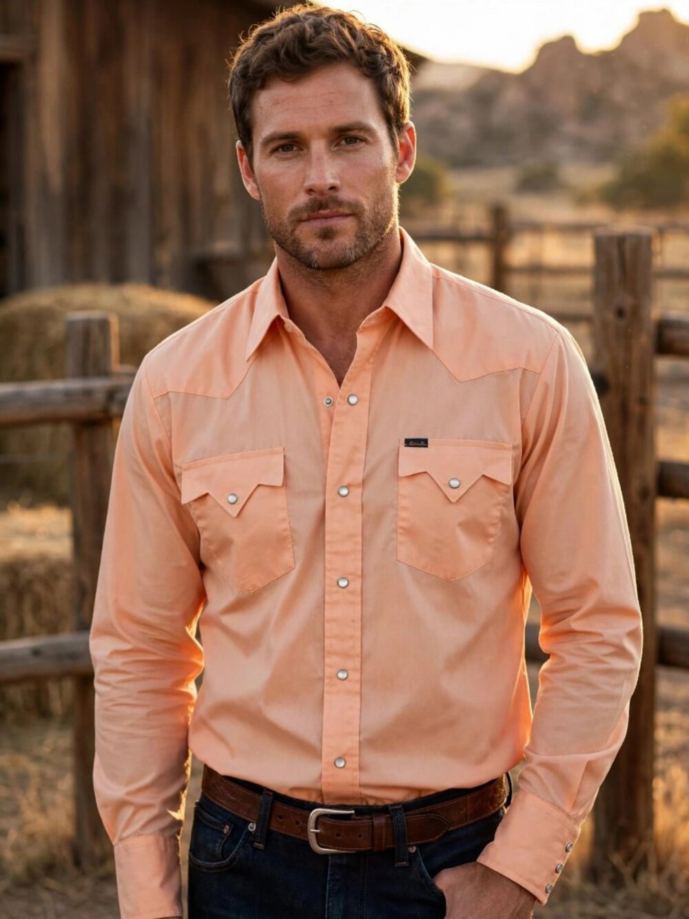 Bar-M Rancher M Peach Pearl Snap Western Shirt Vintage Rodeo Cowboy Mens